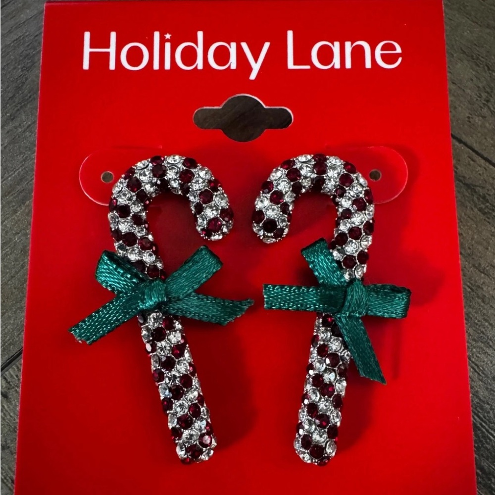 New Holiday Lane Rhinestone Candy Cane  1.5" Post Earrings